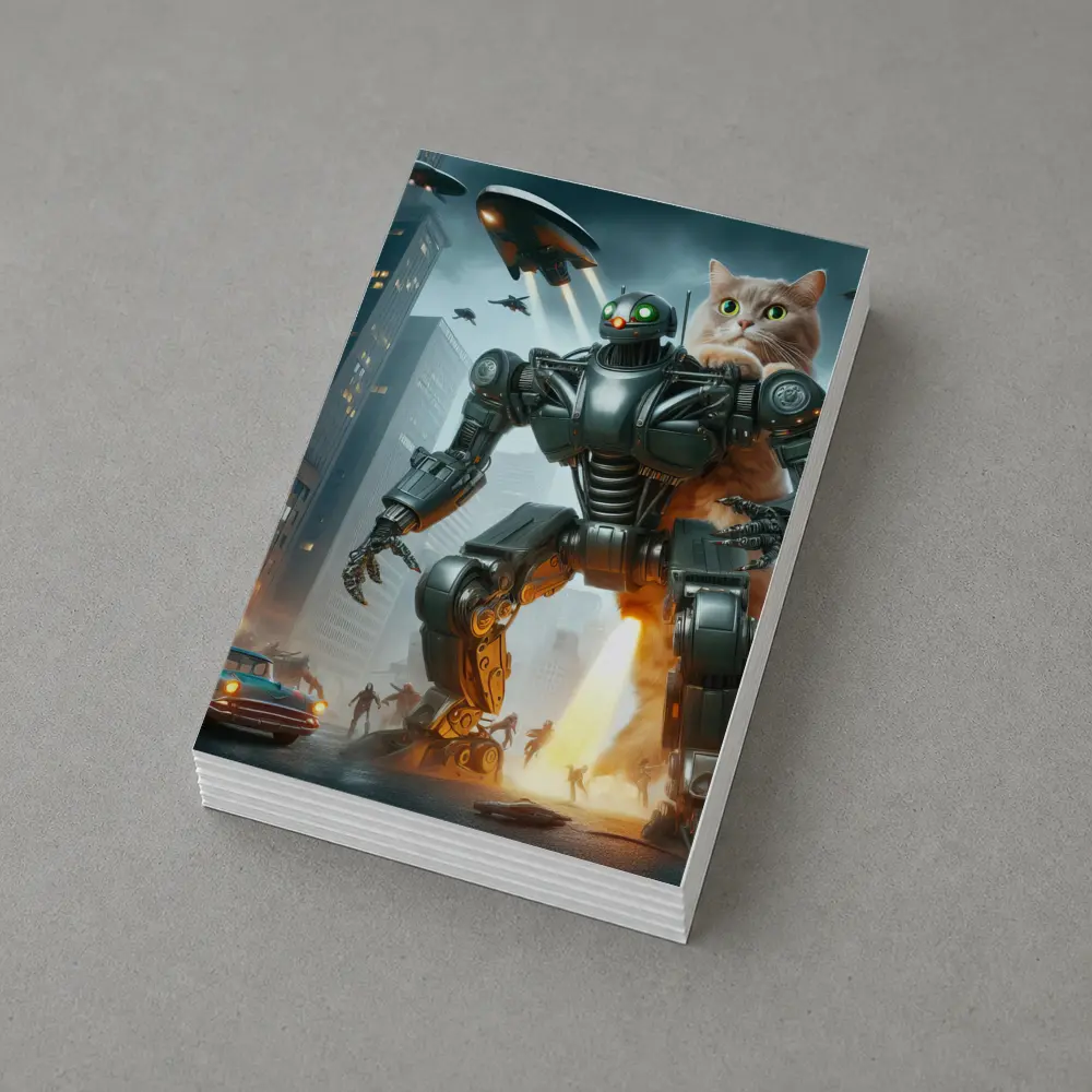 Giant Cat Robot Attacks Futuristic City – Postcards