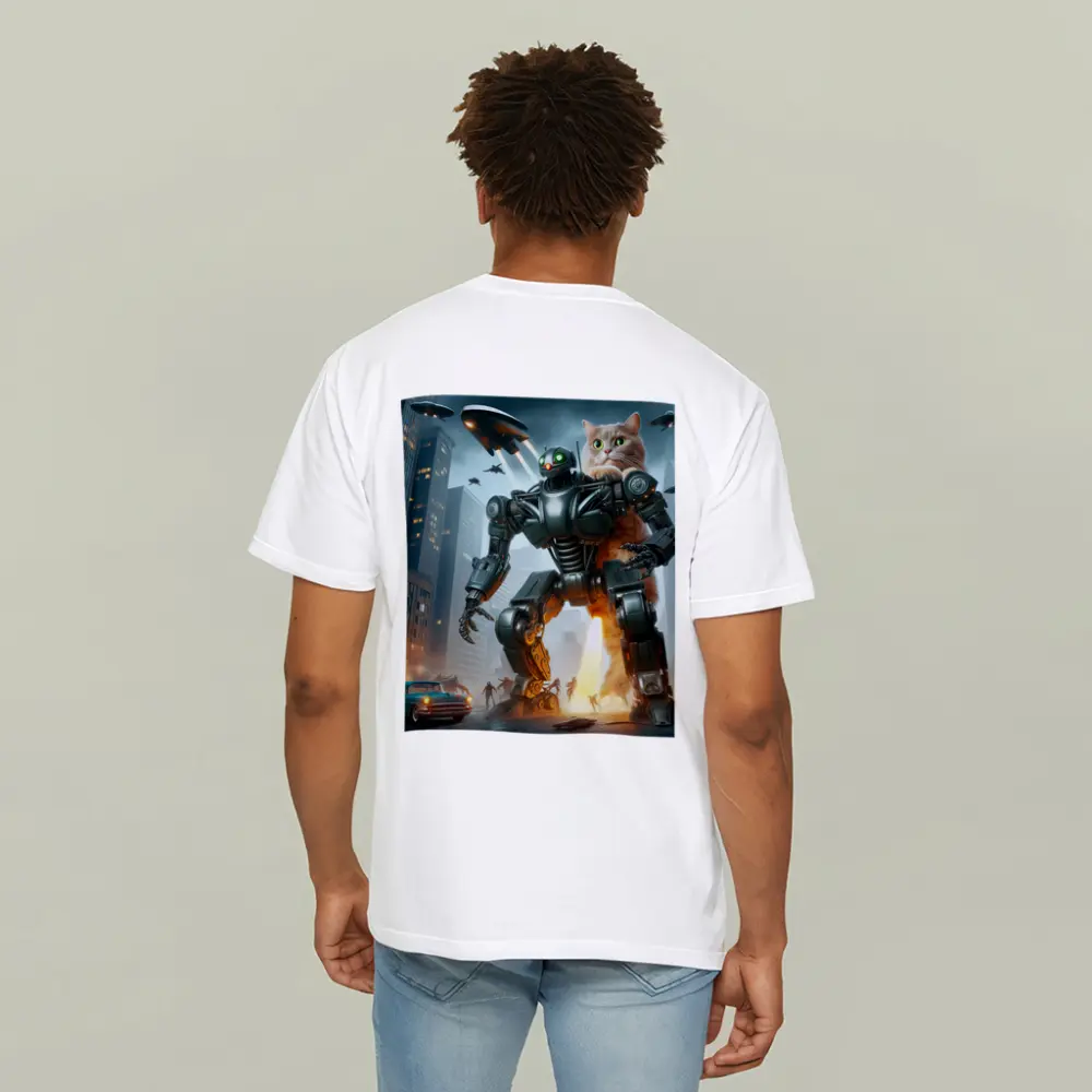 Giant Cat Robot Attacks Futuristic City – T-Shirts