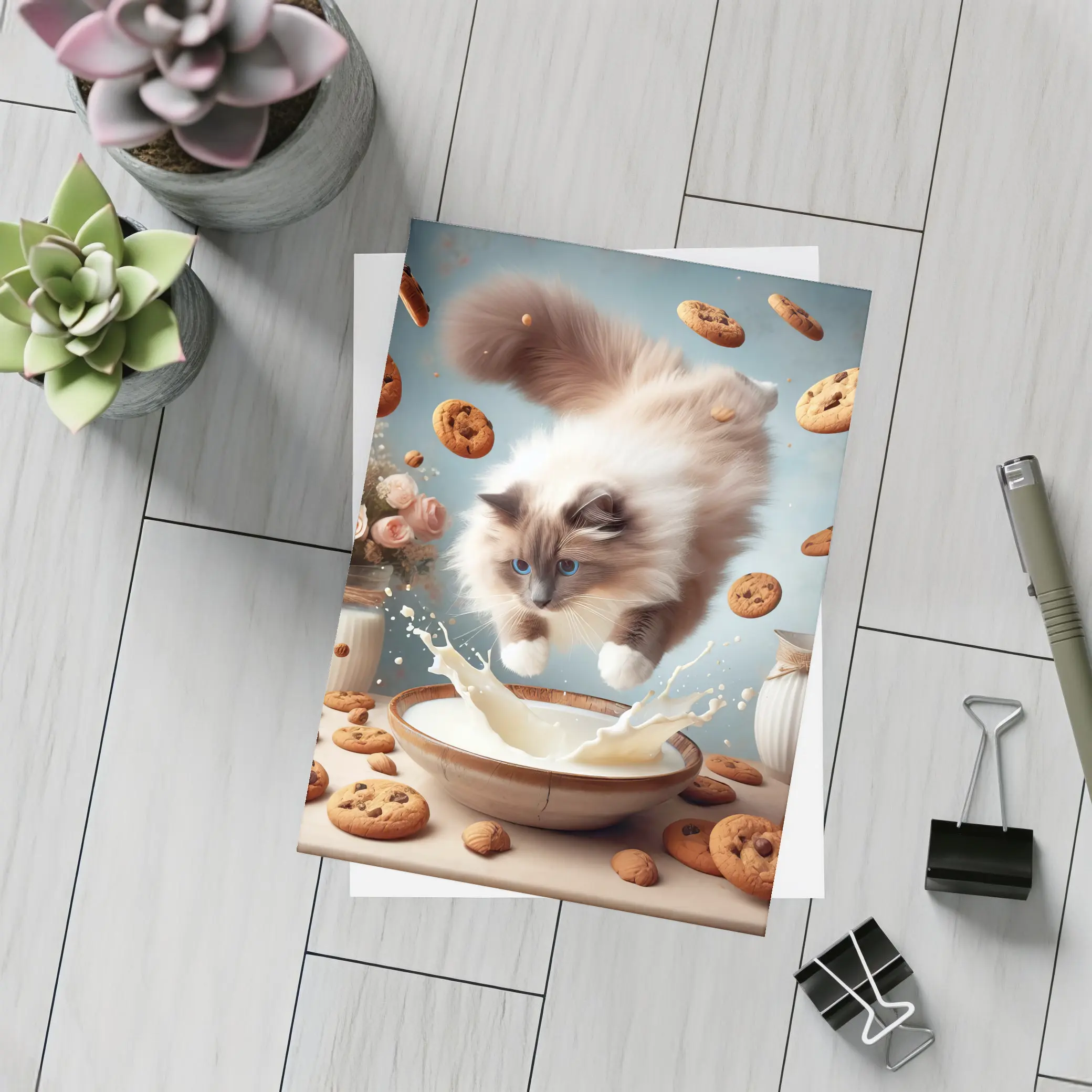 Ragdoll Cat Jumping Milk Bowl Cookies – Postcards