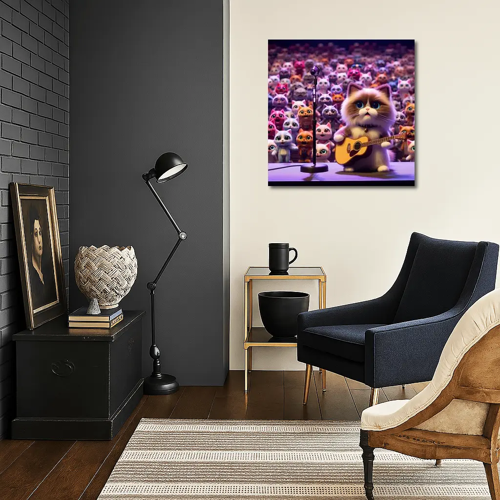 Cute Cat Playing Guitar On Stage – Wall Art