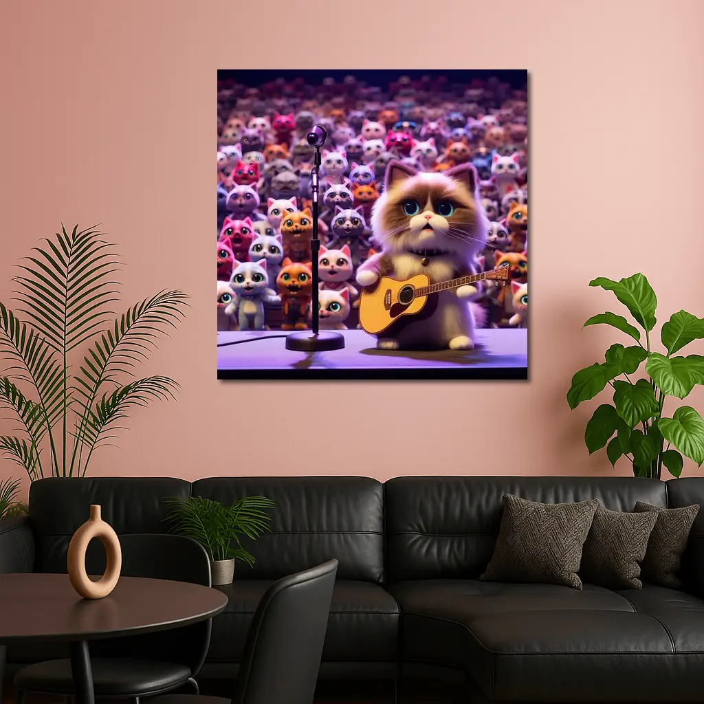Cute Cat Playing Guitar On Stage – Wall Art