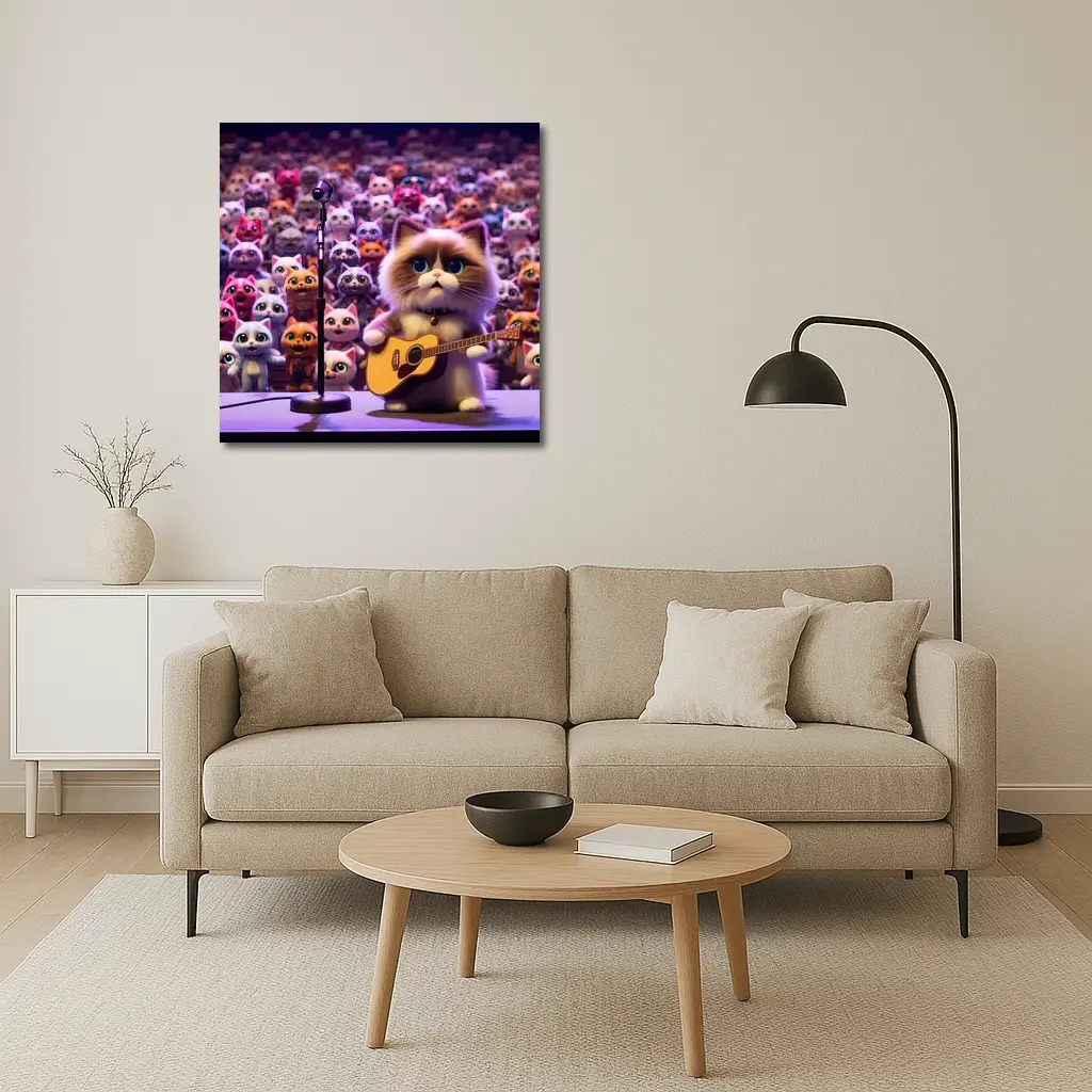 Cute Cat Playing Guitar On Stage – Wall Art