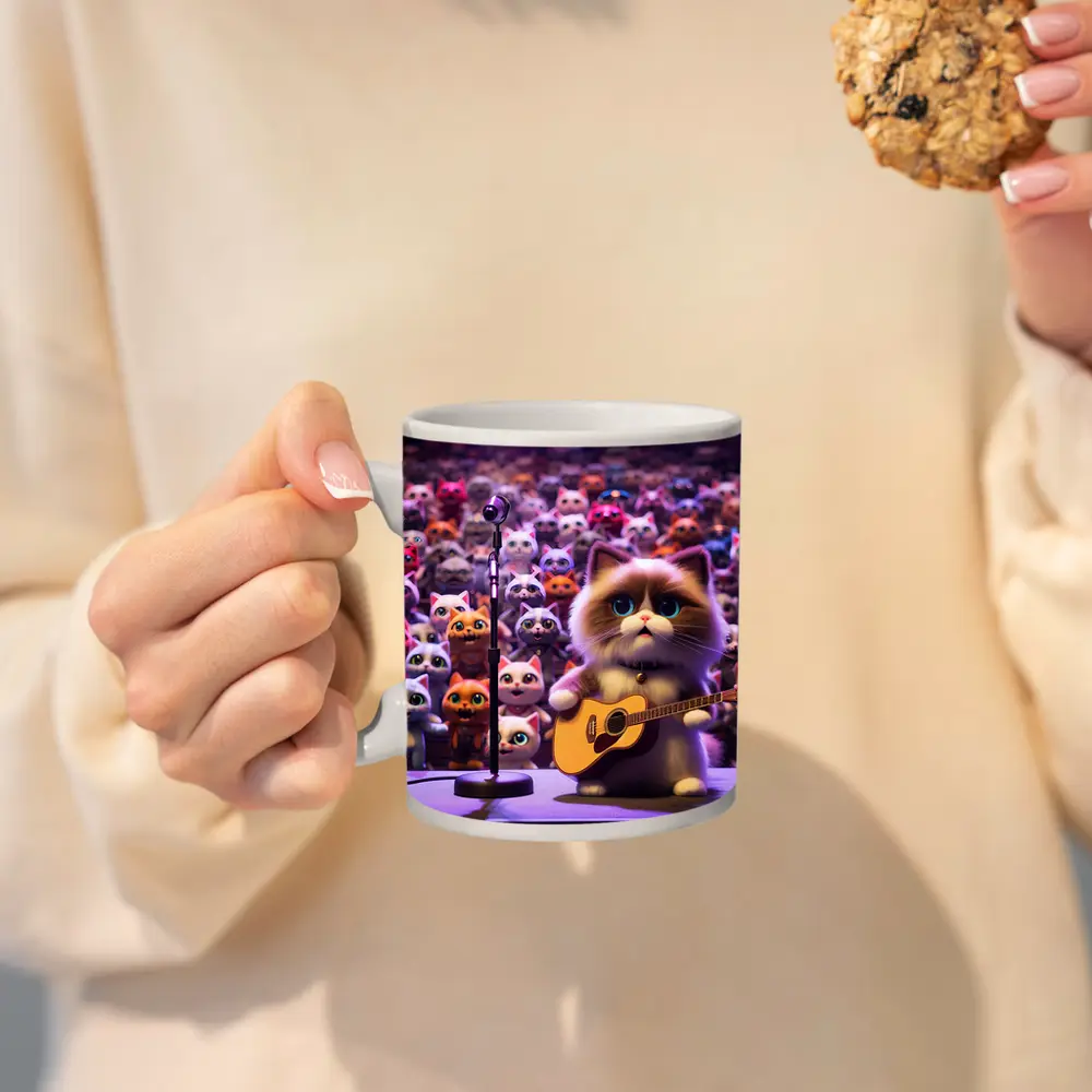 Cute Cat Playing Guitar On Stage – Mugs