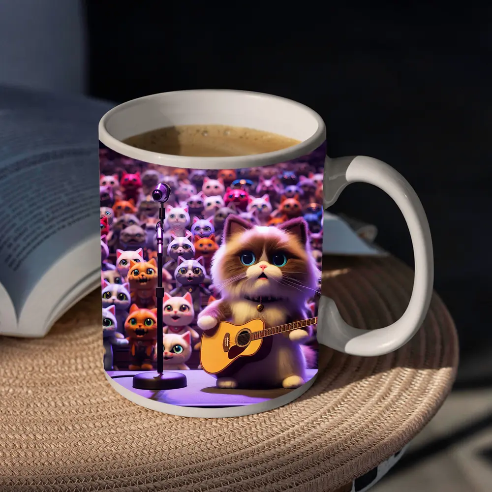 Cute Cat Playing Guitar On Stage – Mugs