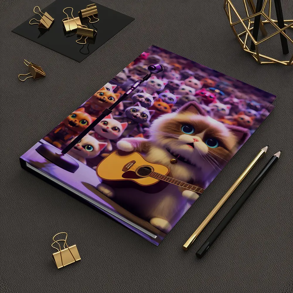 Cute Cat Playing Guitar On Stage – Notebooks