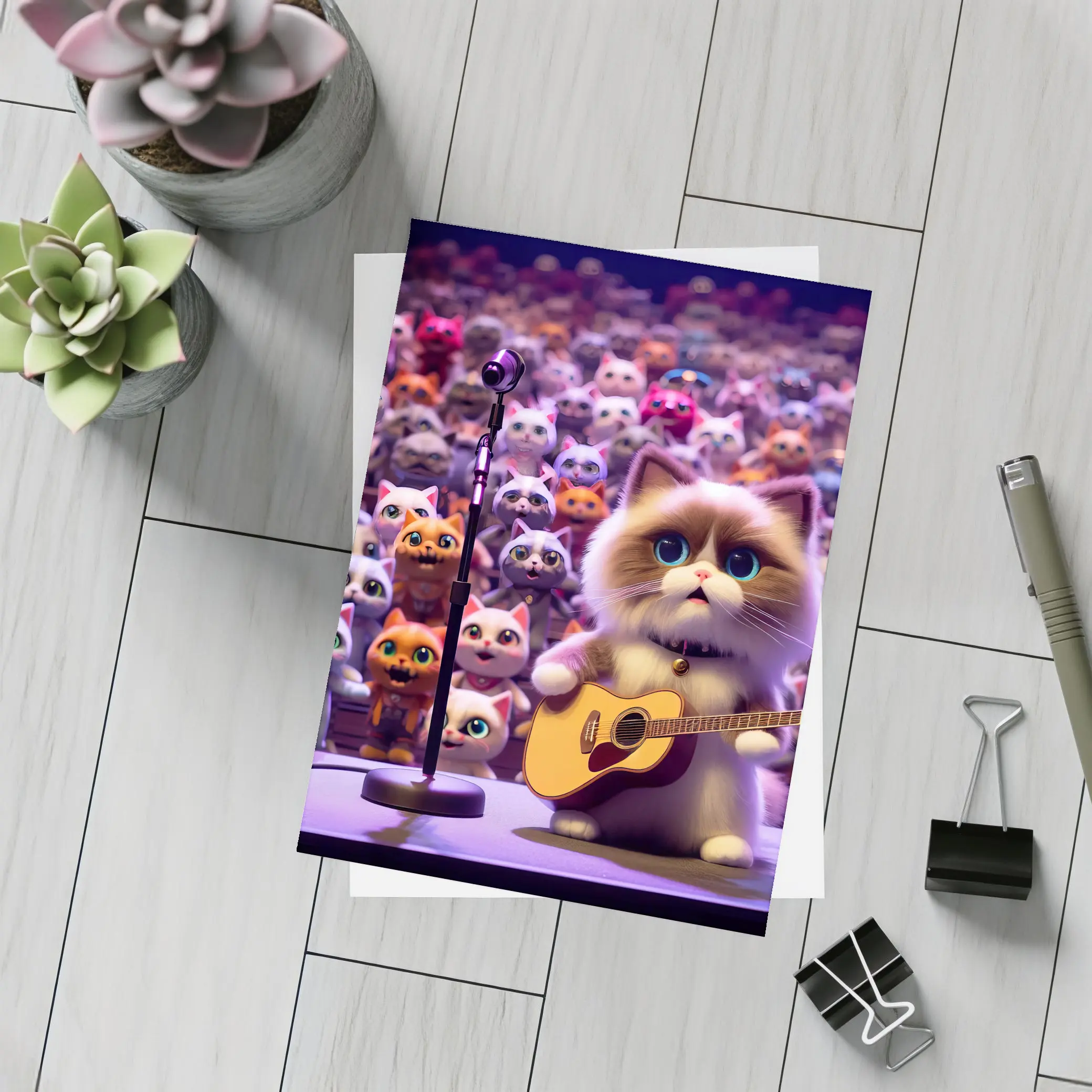 Cute Cat Playing Guitar On Stage – Postcards