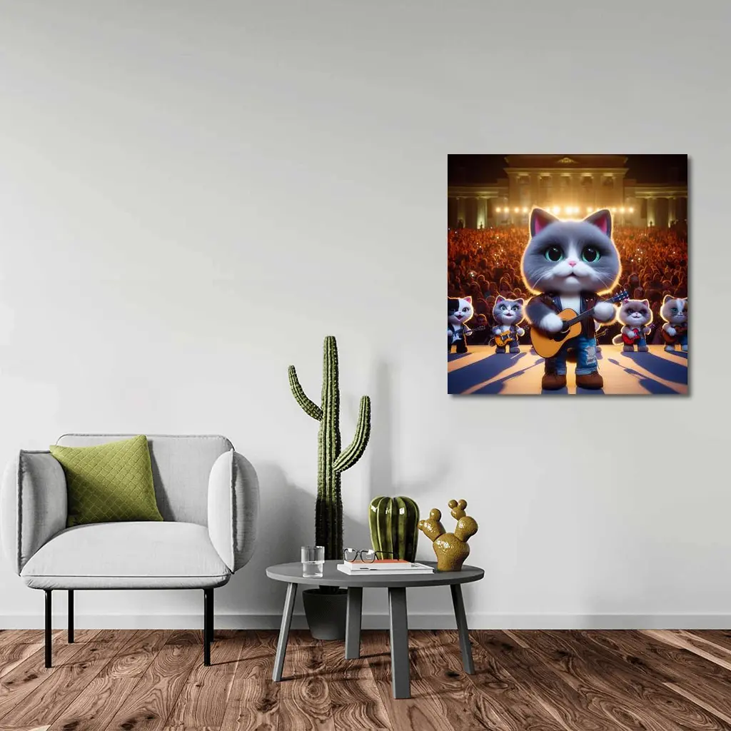 Cute Gray Cat Playing Guitar On Stage – Wall Art