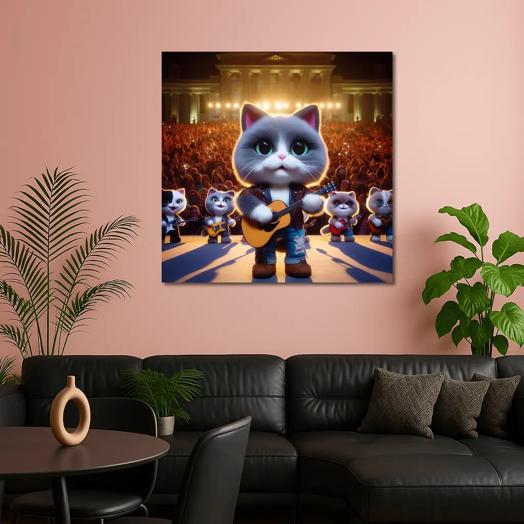 Cute Gray Cat Playing Guitar On Stage – Wall Art