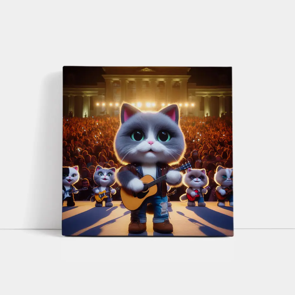 Cute Gray Cat Playing Guitar On Stage – Wall Art