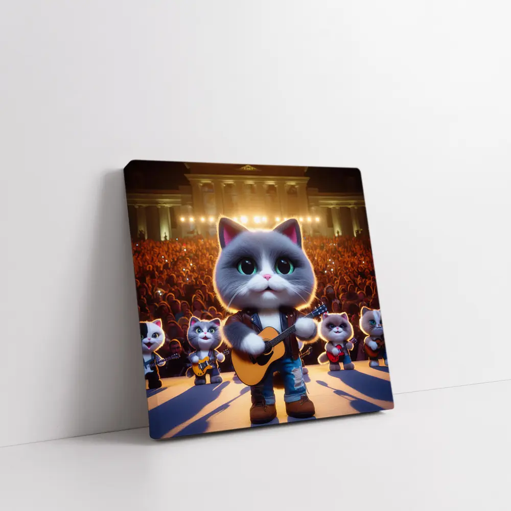 Cute Gray Cat Playing Guitar On Stage – Wall Art
