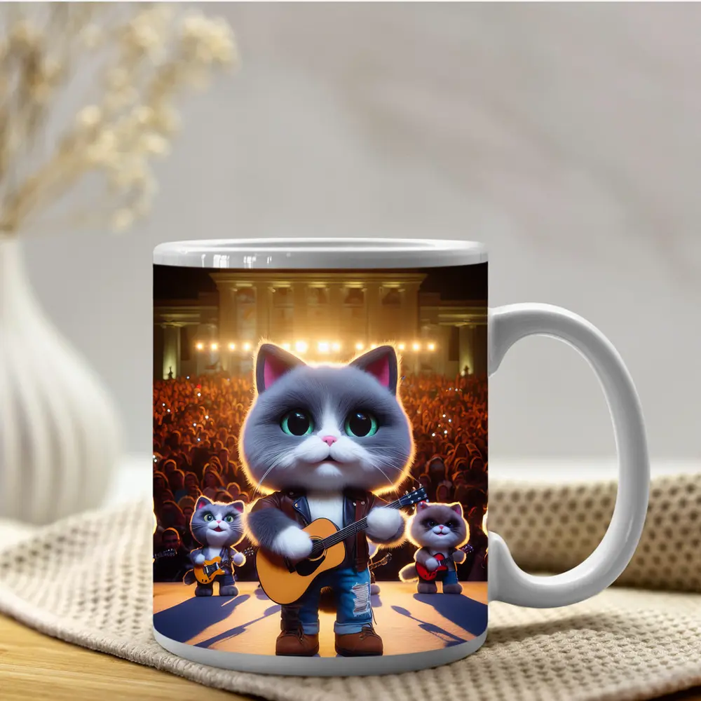 Cute Gray Cat Playing Guitar On Stage – Mugs