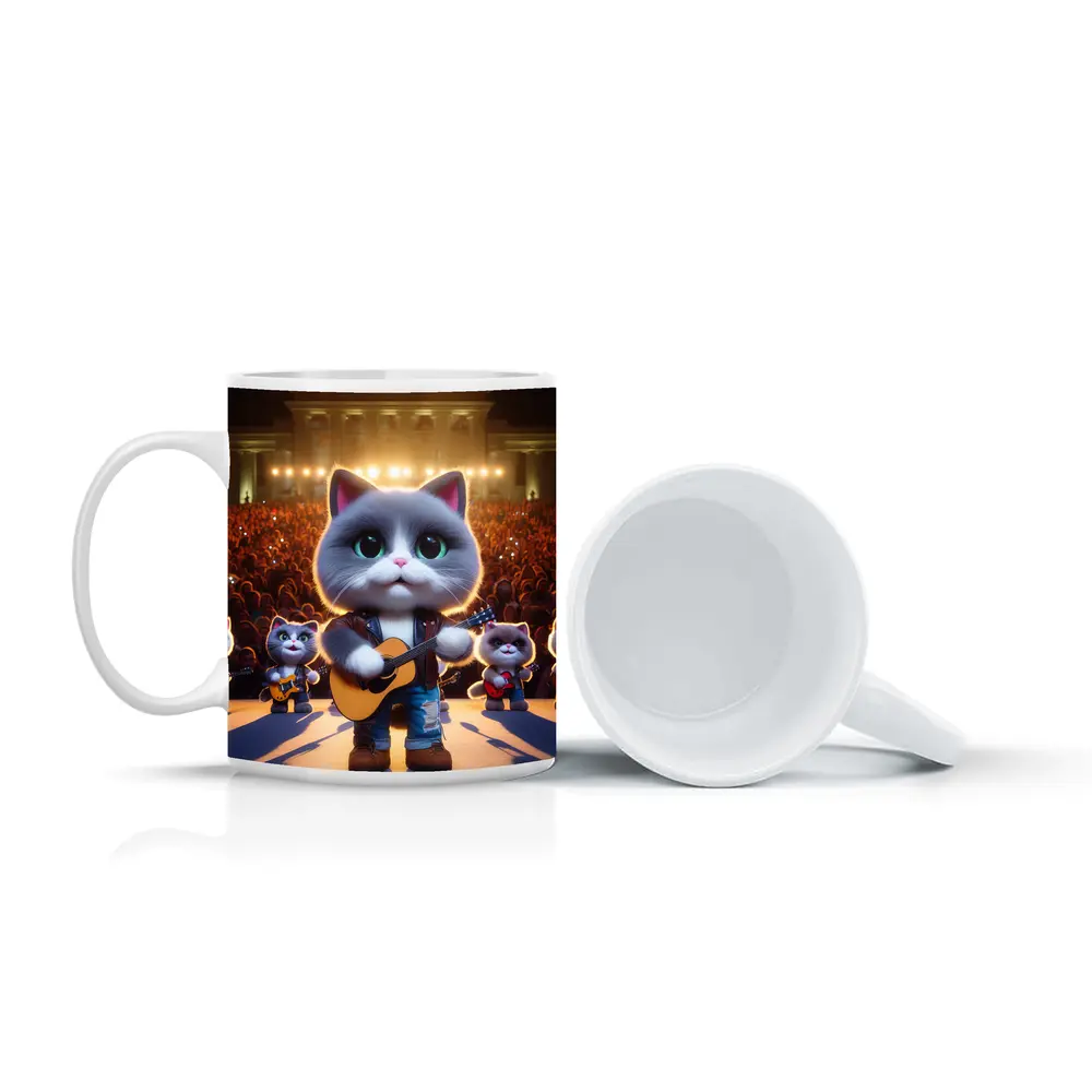 Cute Gray Cat Playing Guitar On Stage – Mugs