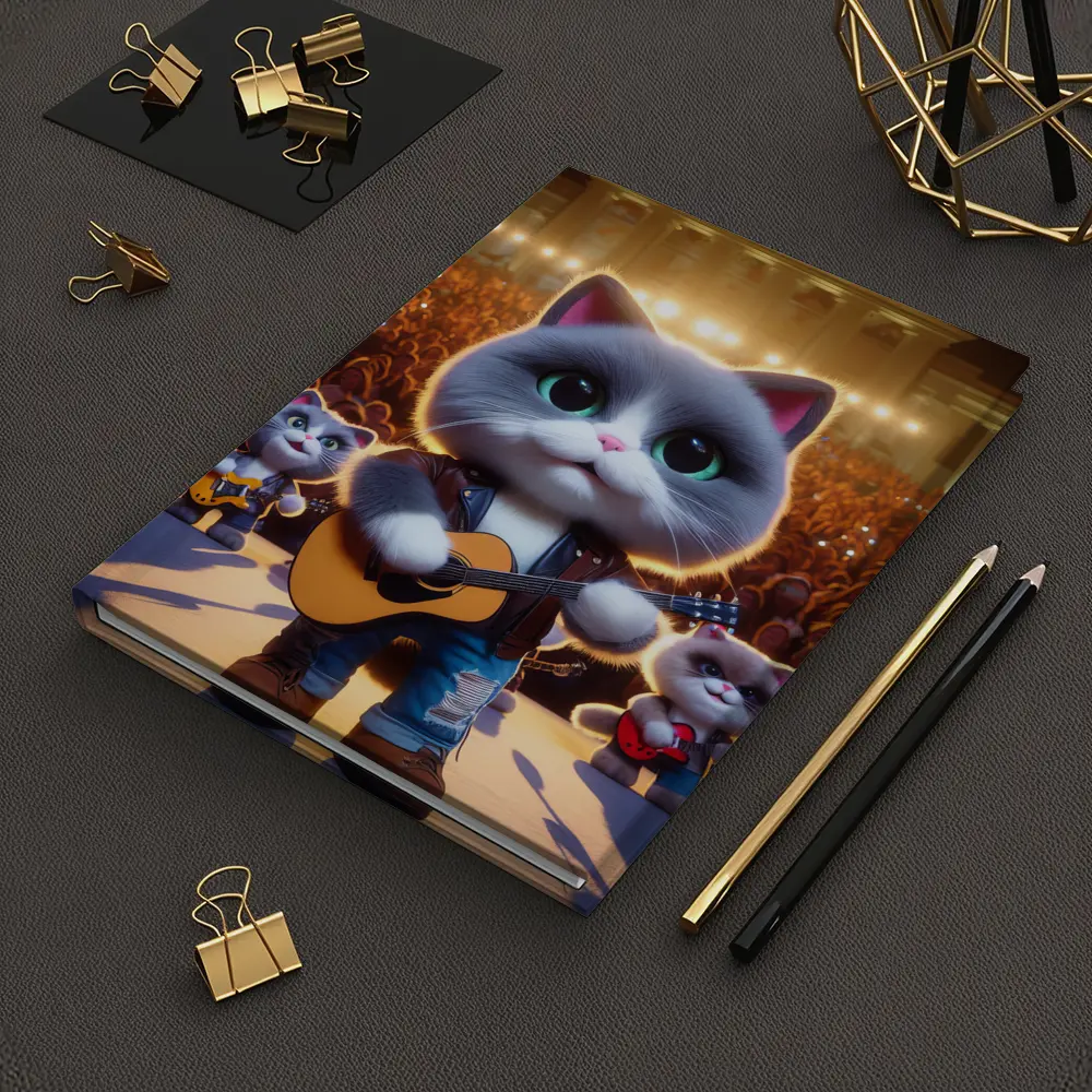 Cute Gray Cat Playing Guitar On Stage – Notebooks