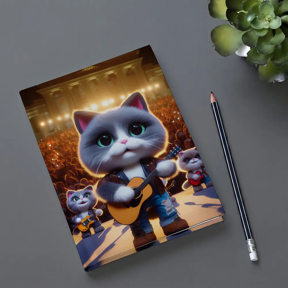 Cute Gray Cat Playing Guitar On Stage – Notebooks