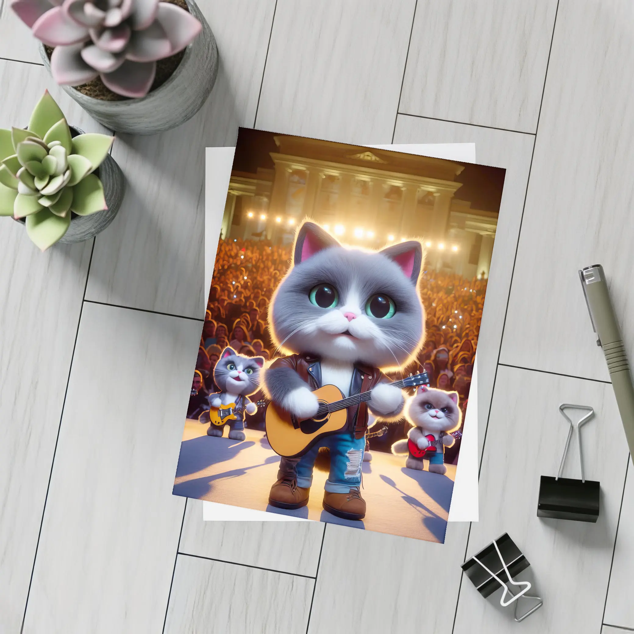 Cute Gray Cat Playing Guitar On Stage – Postcards