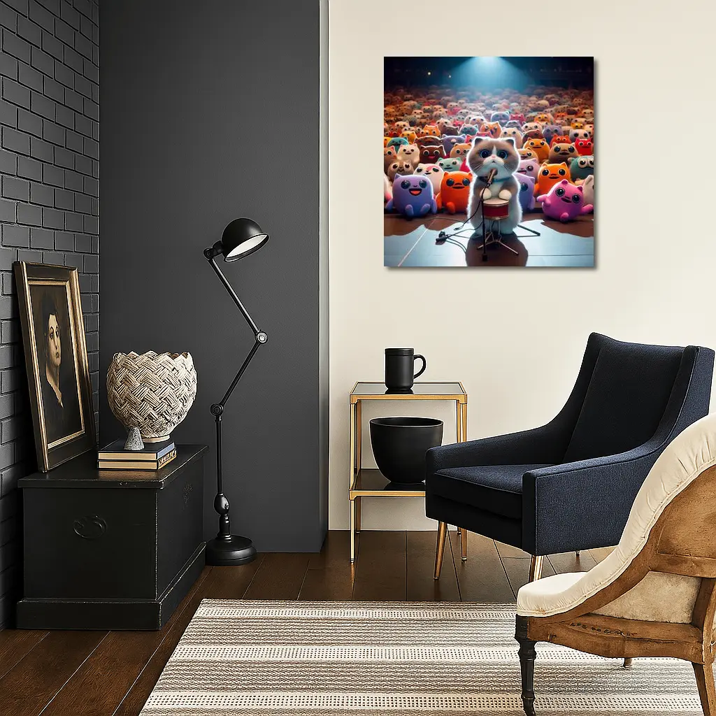 Cute Cat On Stage Cartoon Concert Crowd – Wall Art