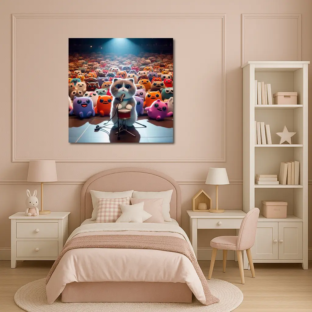 Cute Cat On Stage Cartoon Concert Crowd – Wall Art