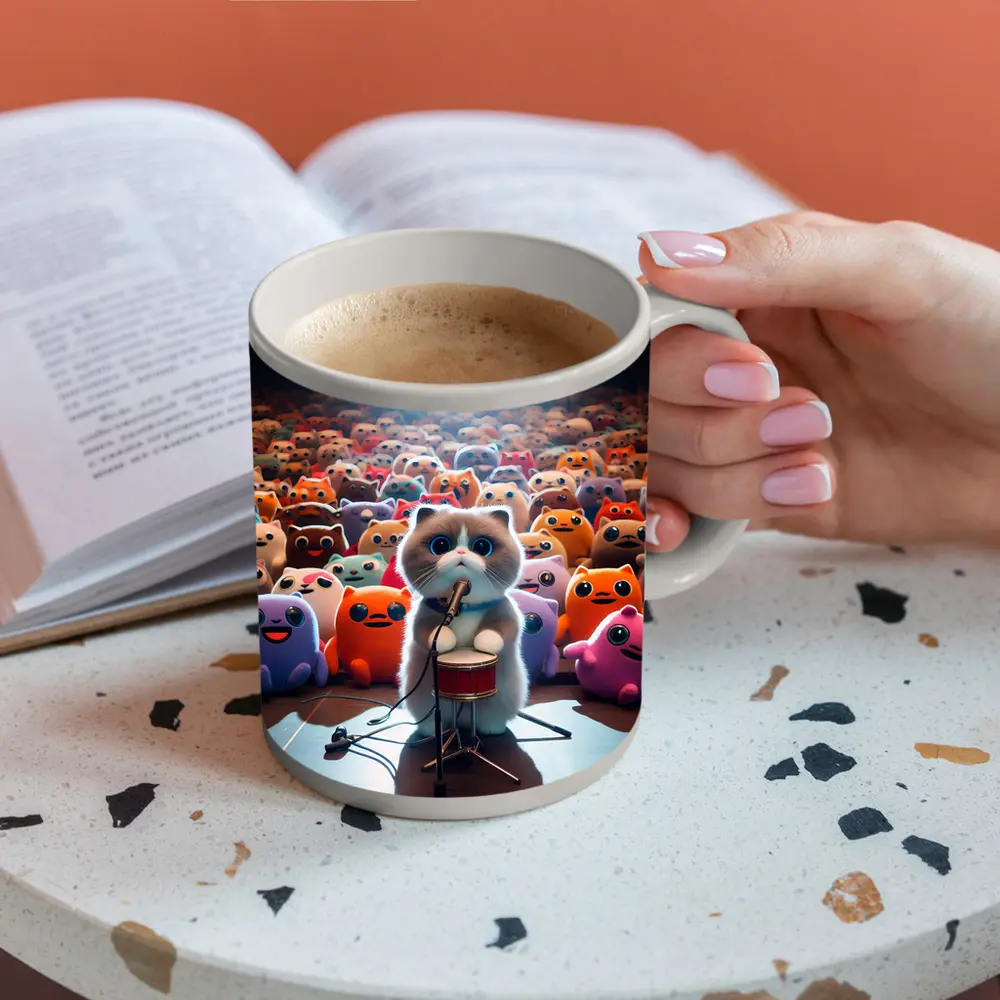 Cute Cat On Stage Cartoon Concert Crowd – Mugs