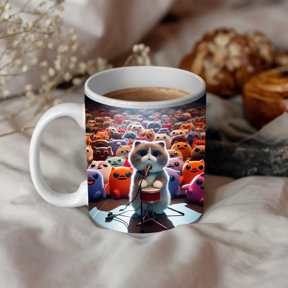 Cute Cat On Stage Cartoon Concert Crowd – Mugs