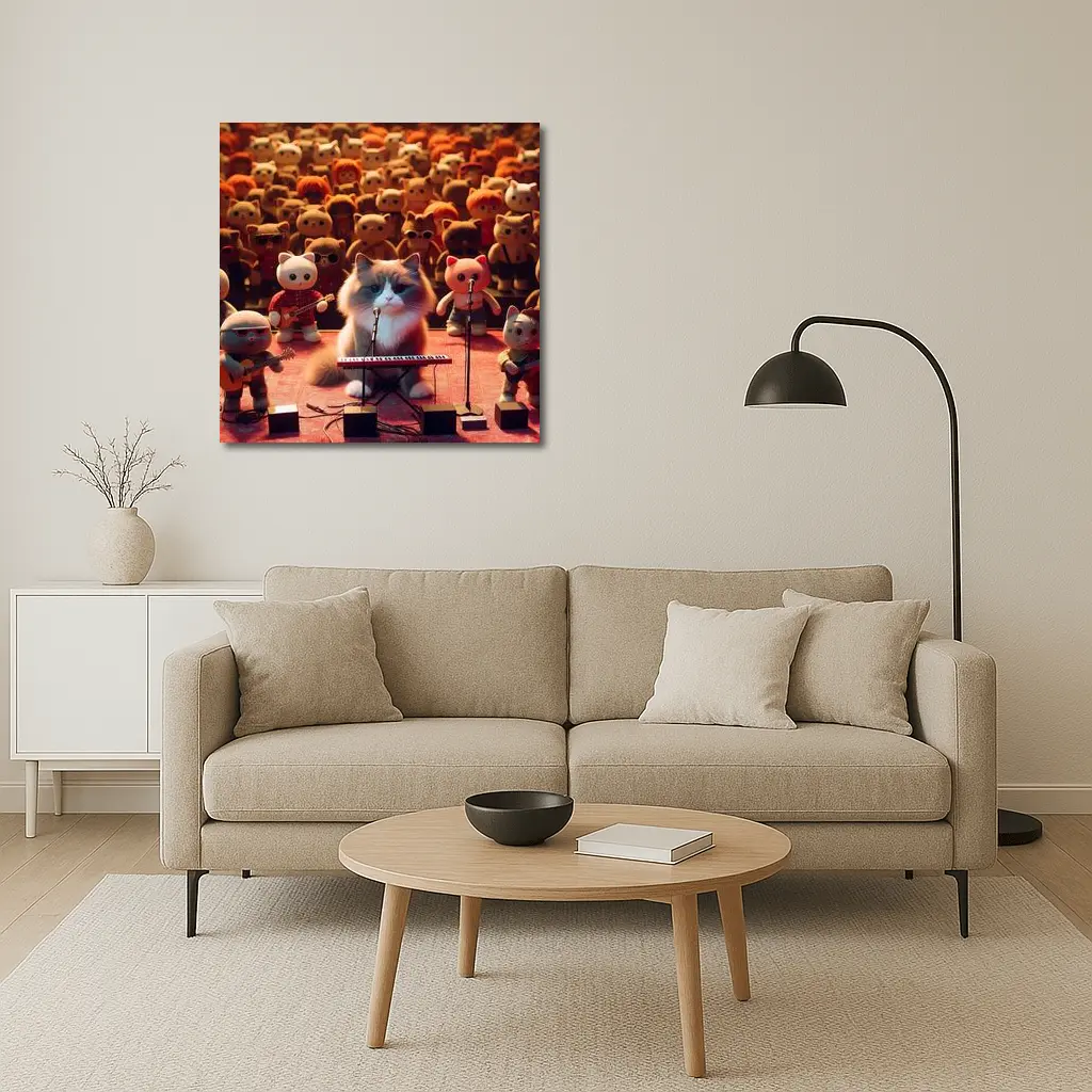 Cat Playing Keyboard On Concert Stage – Wall Art