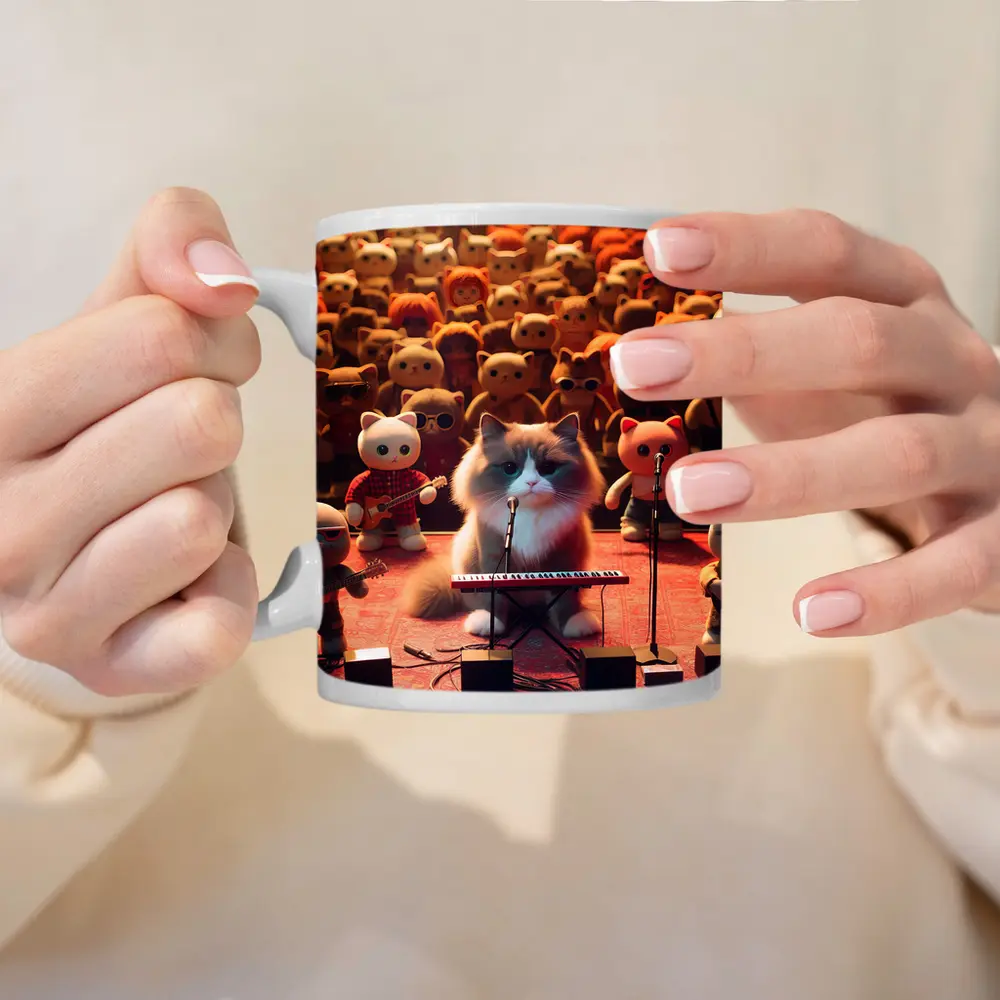 Cat Playing Keyboard On Concert Stage – Mugs