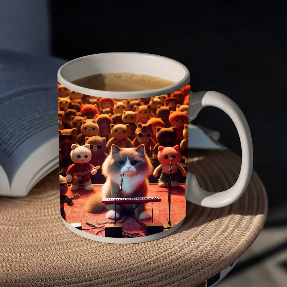 Cat Playing Keyboard On Concert Stage – Mugs