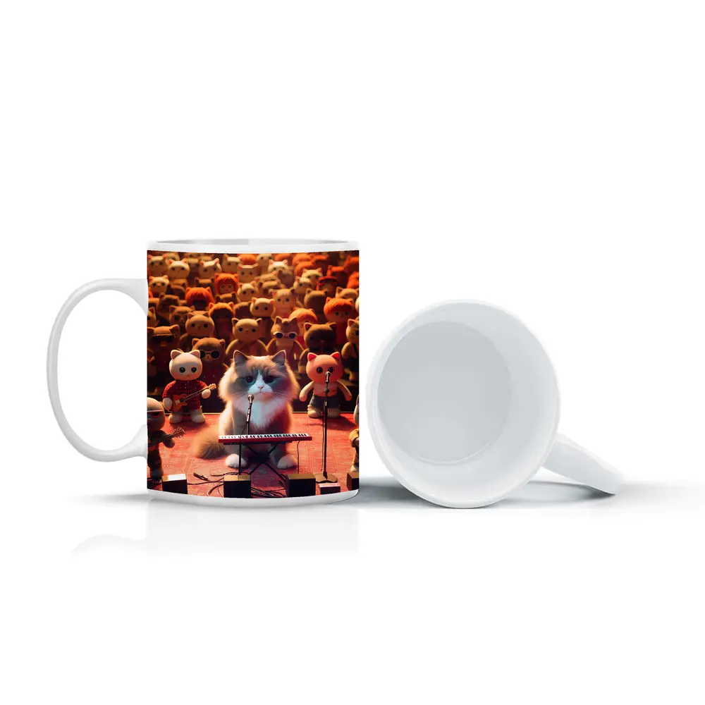Cat Playing Keyboard On Concert Stage – Mugs