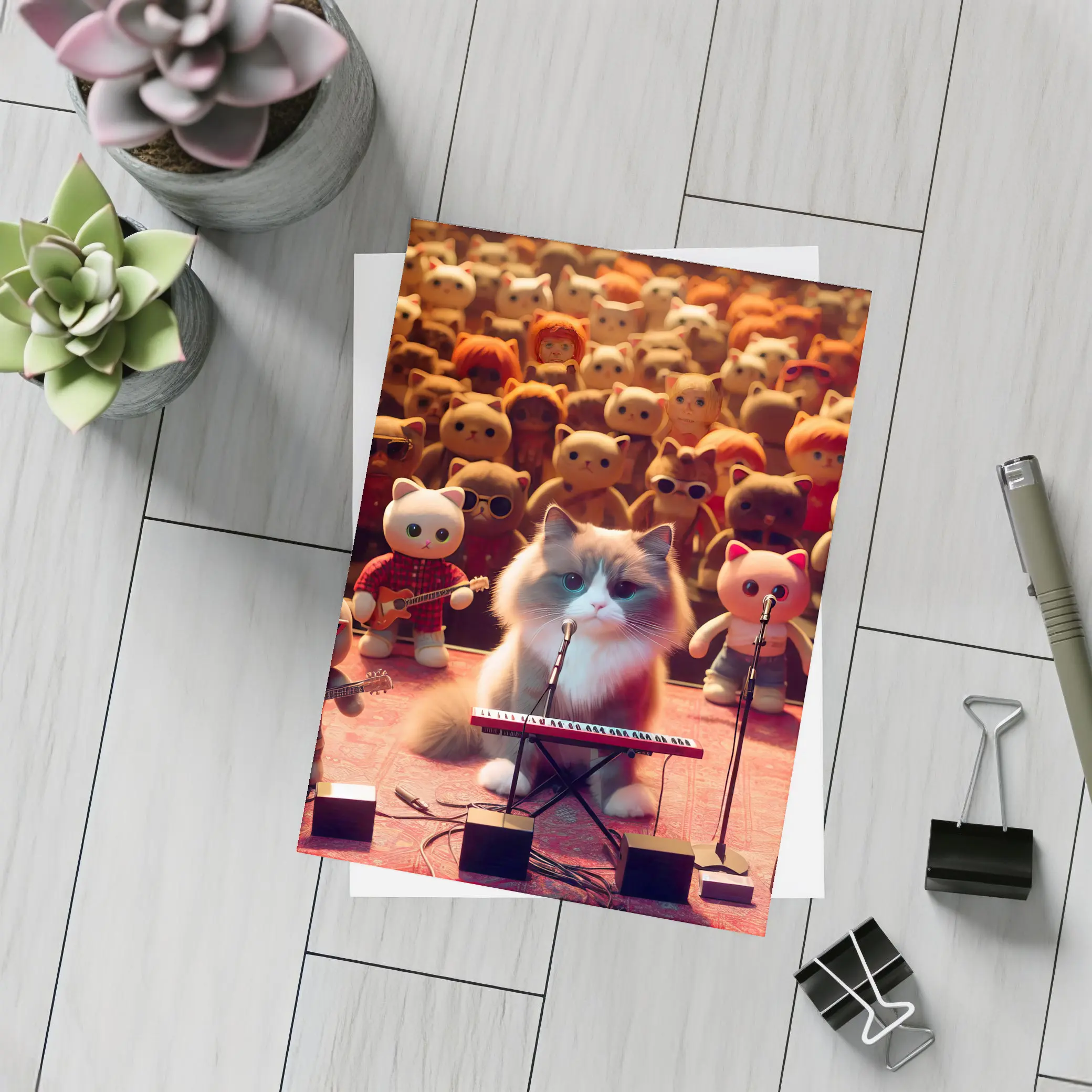 Cat Playing Keyboard On Concert Stage – Postcards