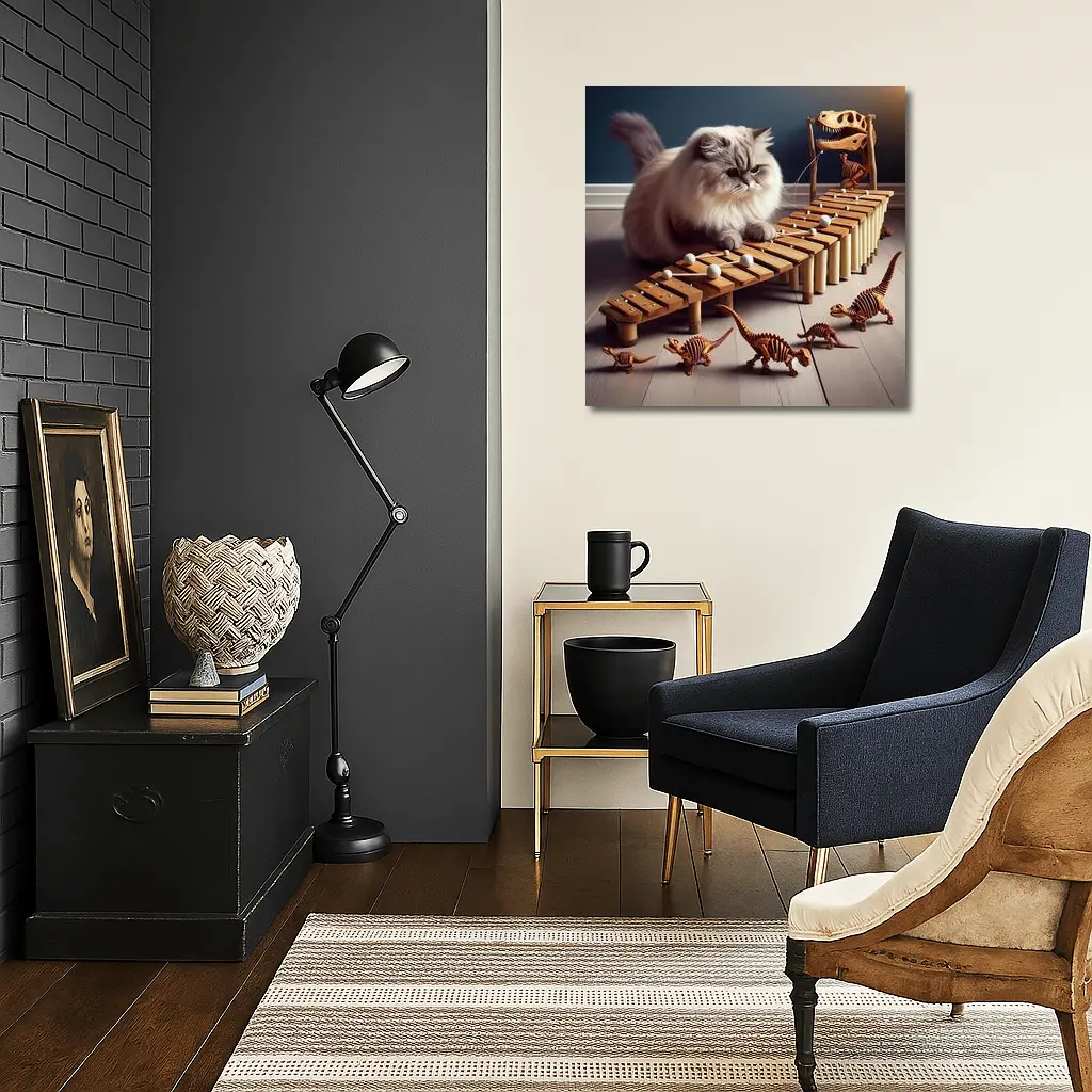 Persian Cat Playing Xylophone With Dinosaurs – Wall Art