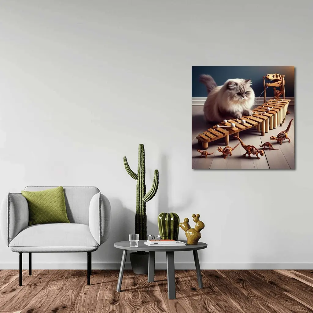 Persian Cat Playing Xylophone With Dinosaurs – Wall Art