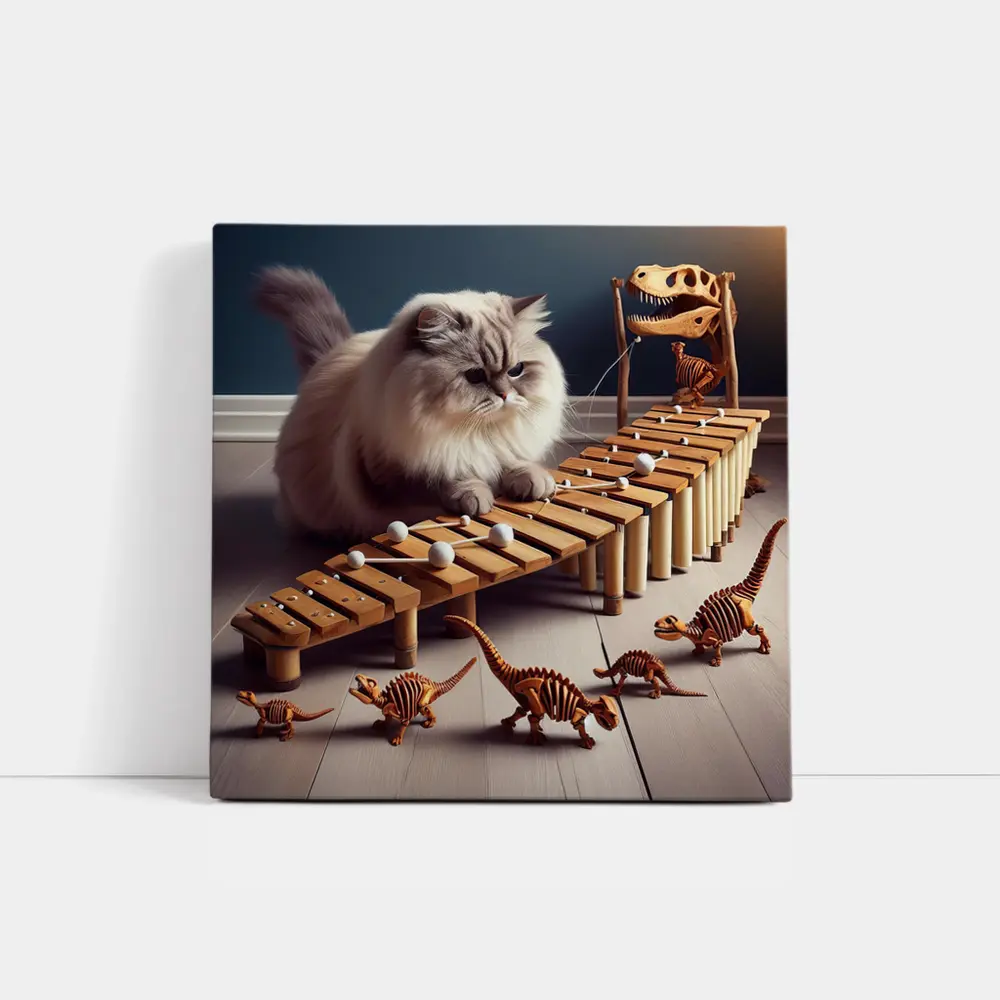Persian Cat Playing Xylophone With Dinosaurs – Wall Art
