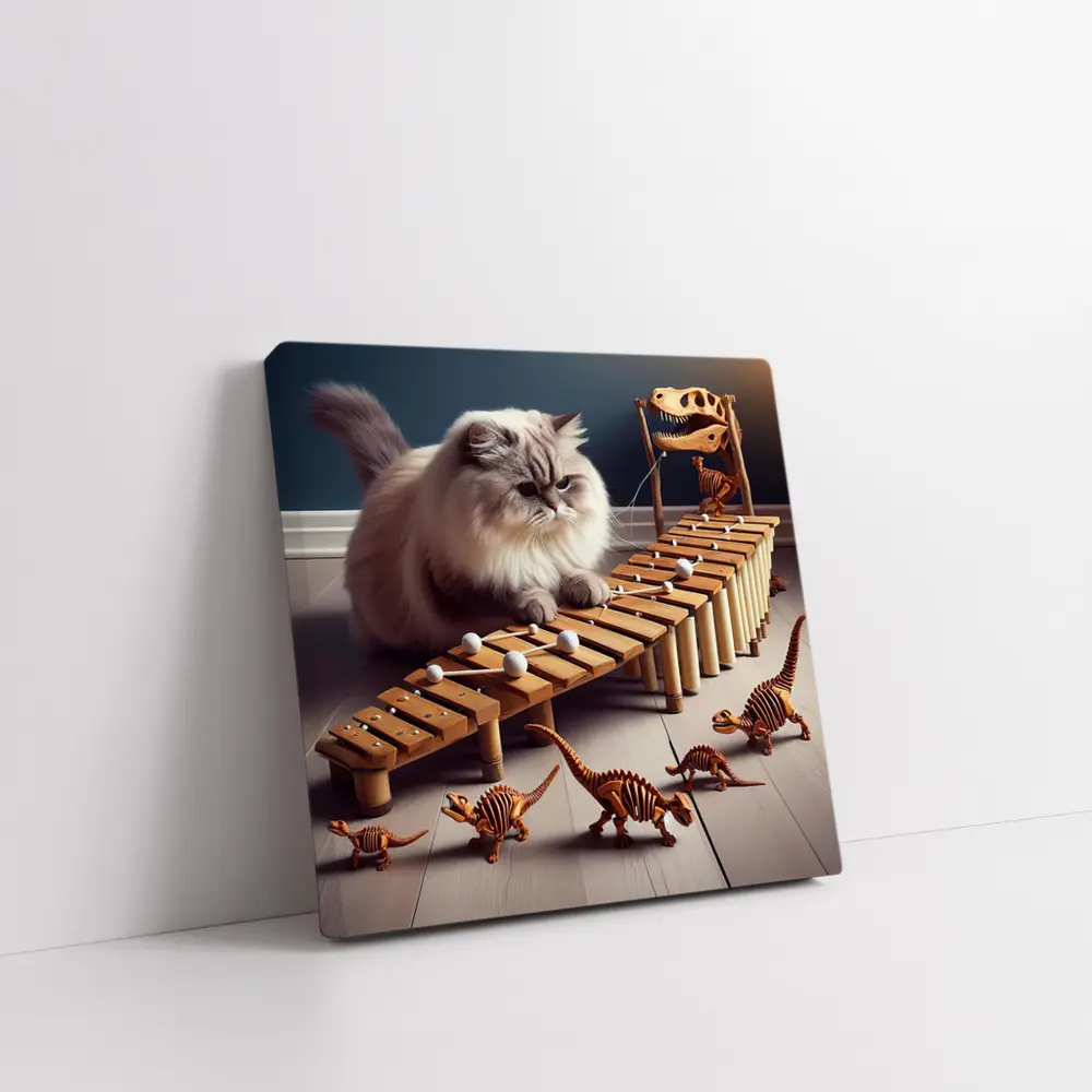 Persian Cat Playing Xylophone With Dinosaurs – Wall Art