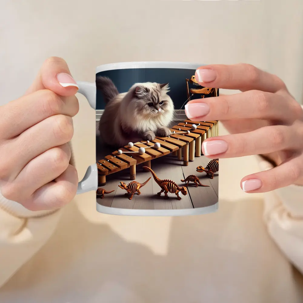 Persian Cat Playing Xylophone With Dinosaurs – Mugs