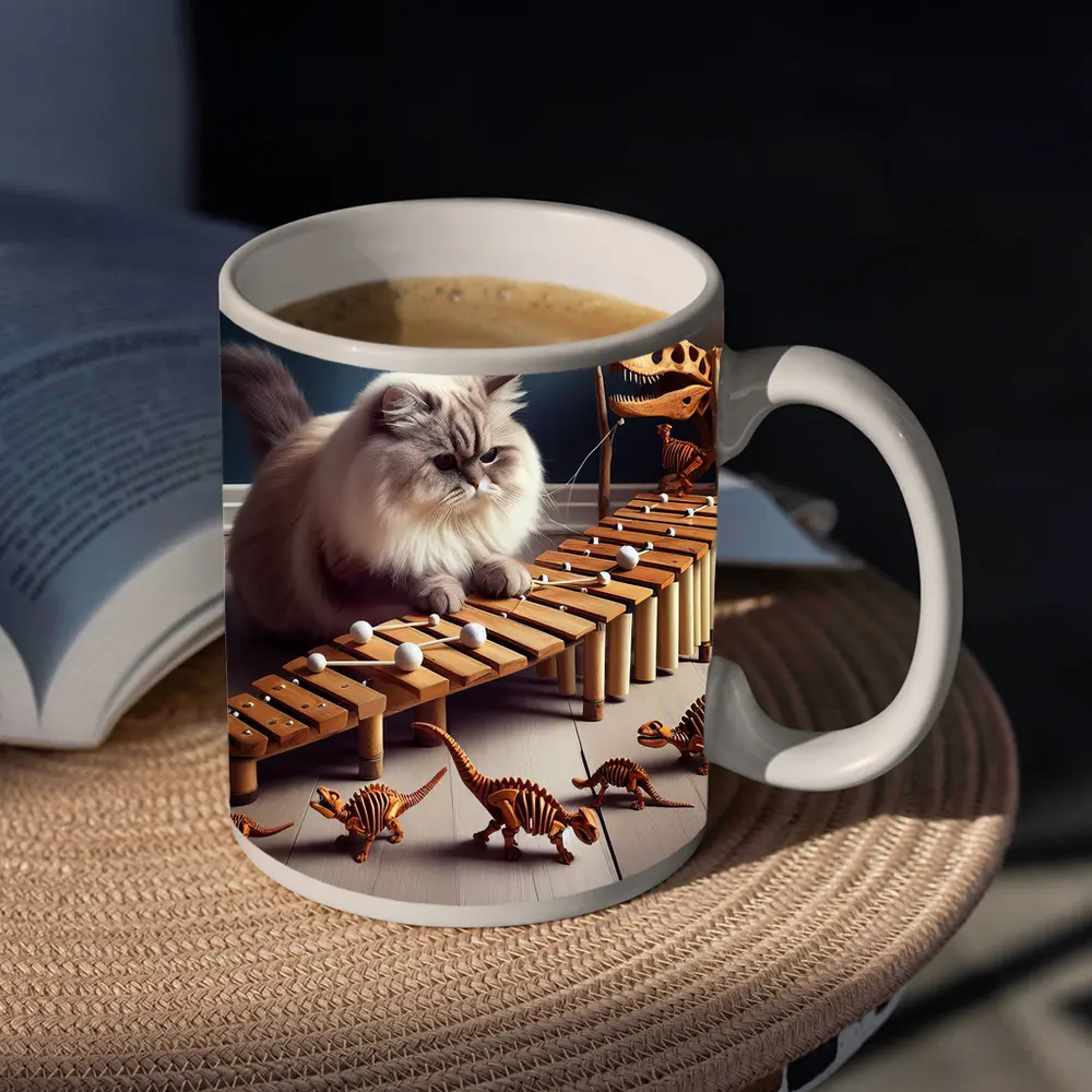 Persian Cat Playing Xylophone With Dinosaurs – Mugs