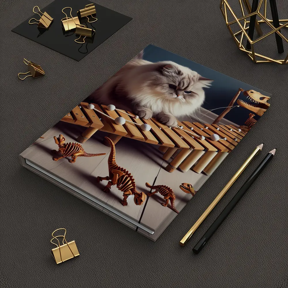 Persian Cat Playing Xylophone With Dinosaurs – Notebooks