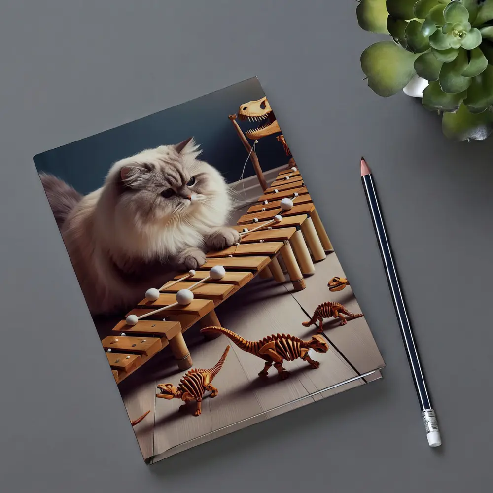 Persian Cat Playing Xylophone With Dinosaurs – Notebooks