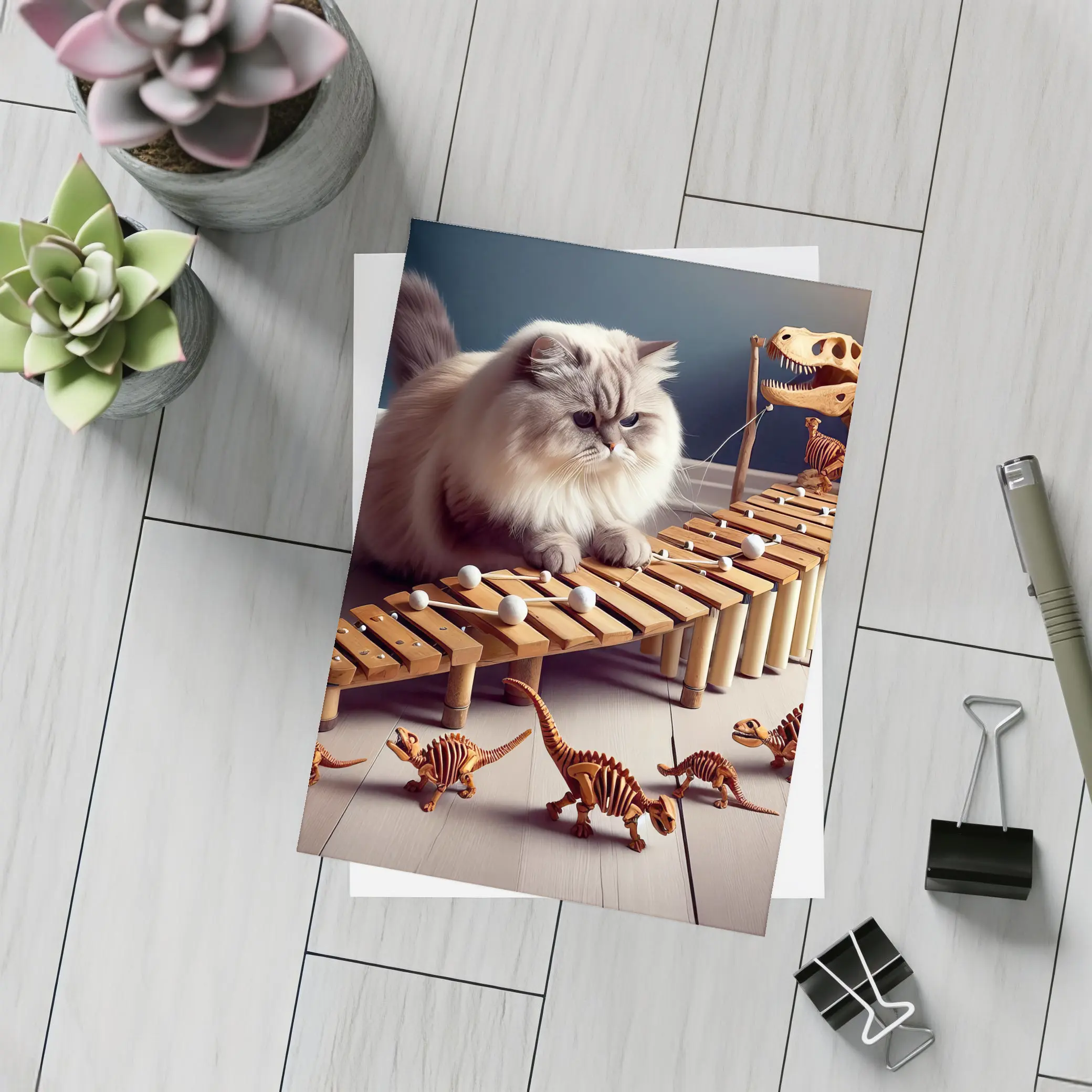 Persian Cat Playing Xylophone With Dinosaurs – Postcards