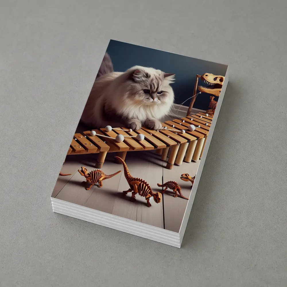 Persian Cat Playing Xylophone With Dinosaurs – Postcards