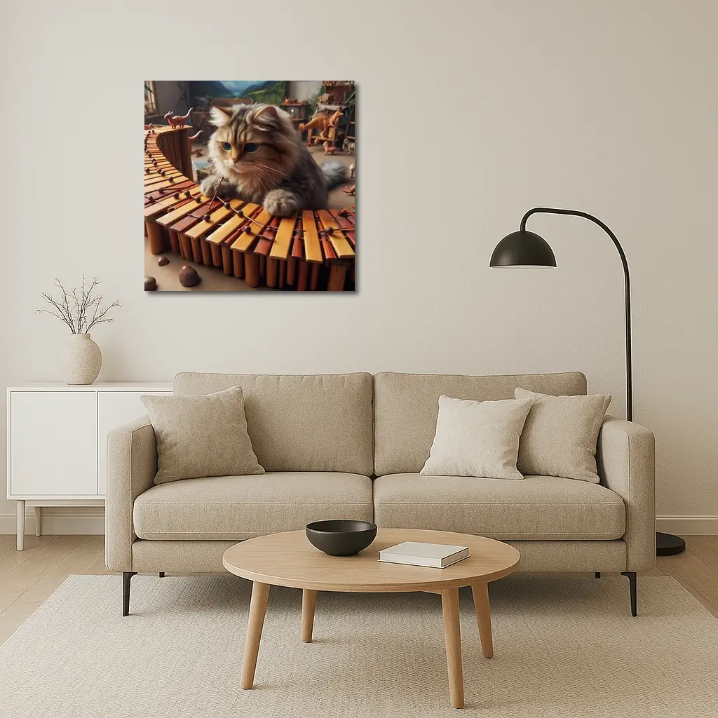 Fluffy Cat Playing Marimba Wooden Toys Background – Wall Art
