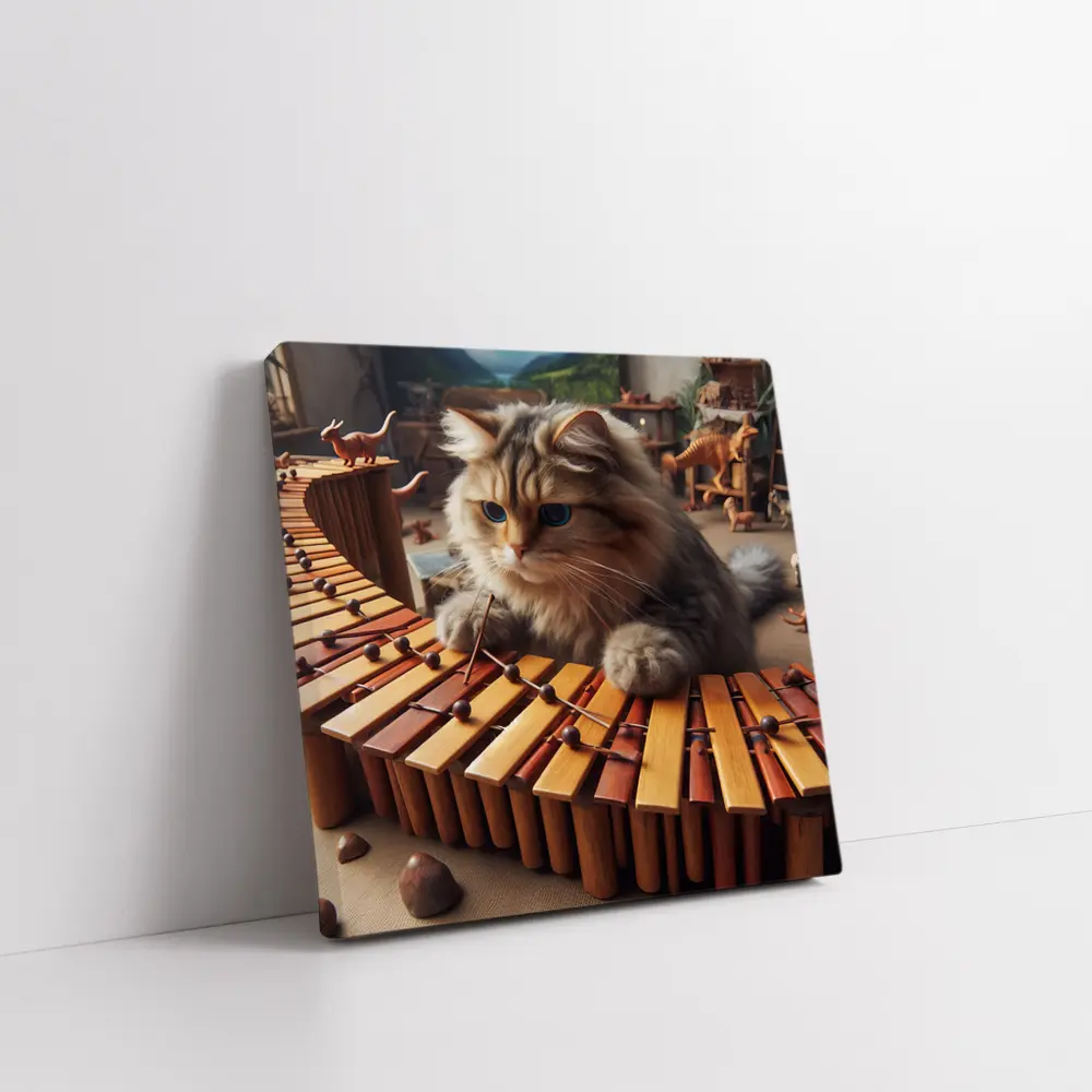 Fluffy Cat Playing Marimba Wooden Toys Background – Wall Art