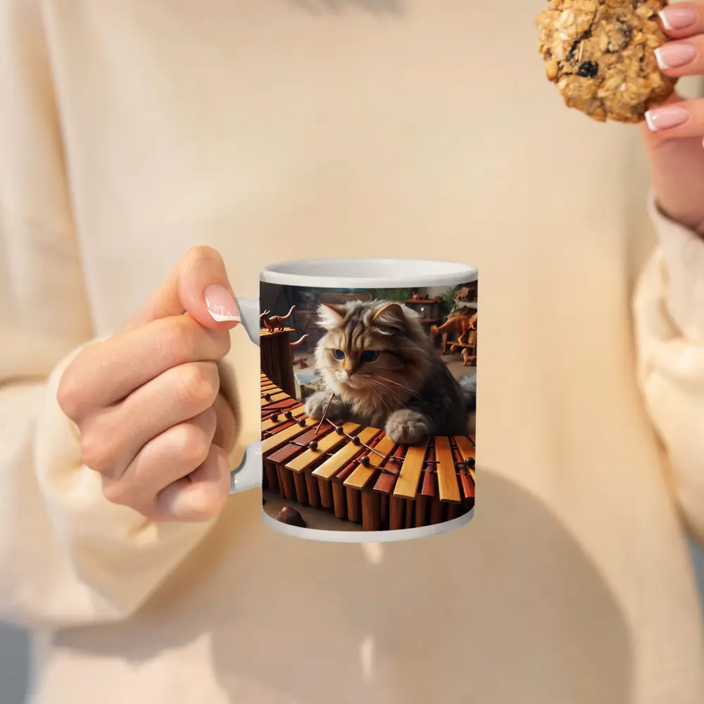 Fluffy Cat Playing Marimba Wooden Toys Background – Mugs