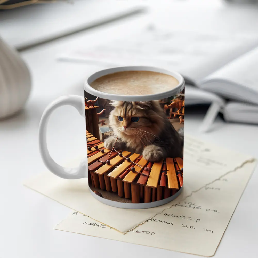 Fluffy Cat Playing Marimba Wooden Toys Background – Mugs