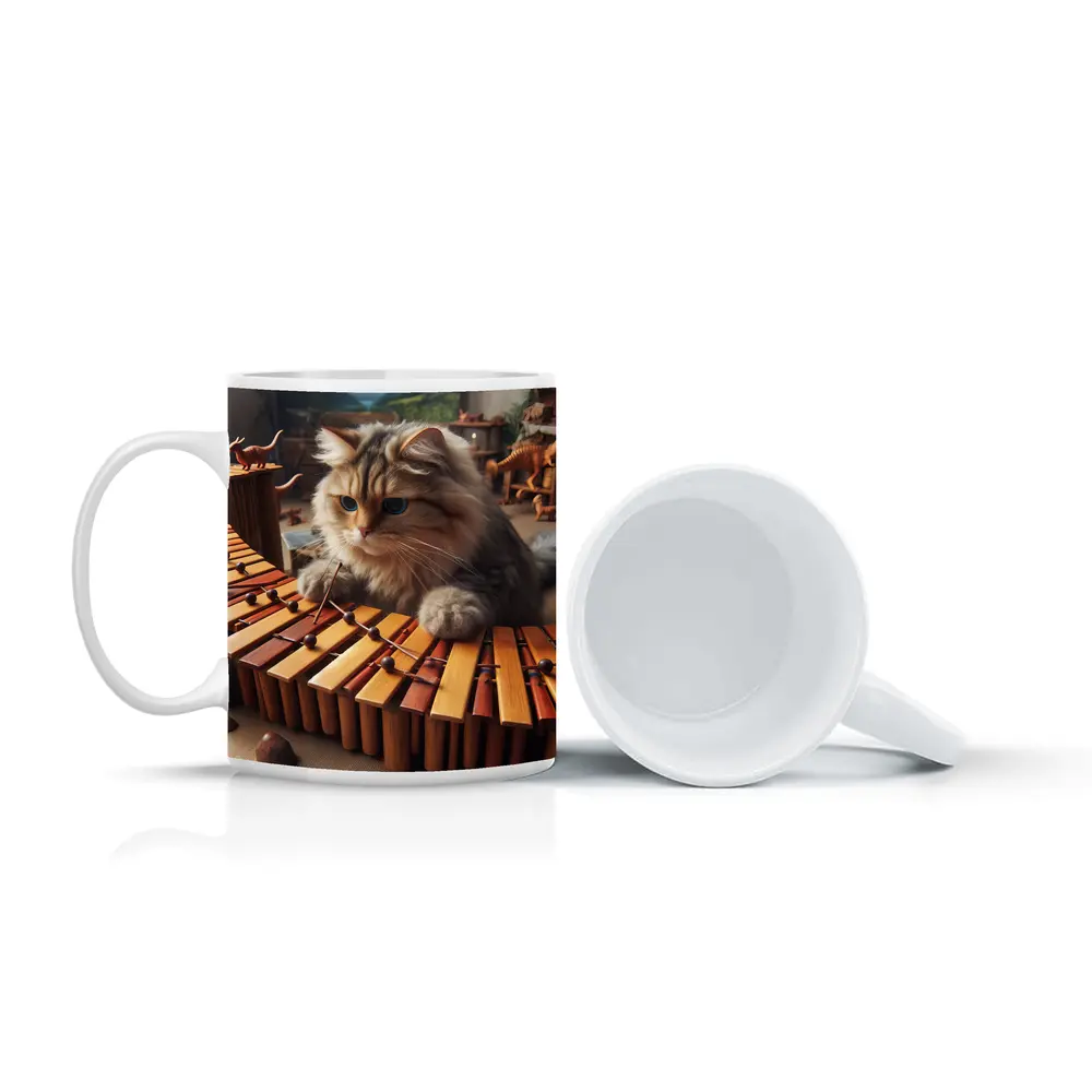Fluffy Cat Playing Marimba Wooden Toys Background – Mugs