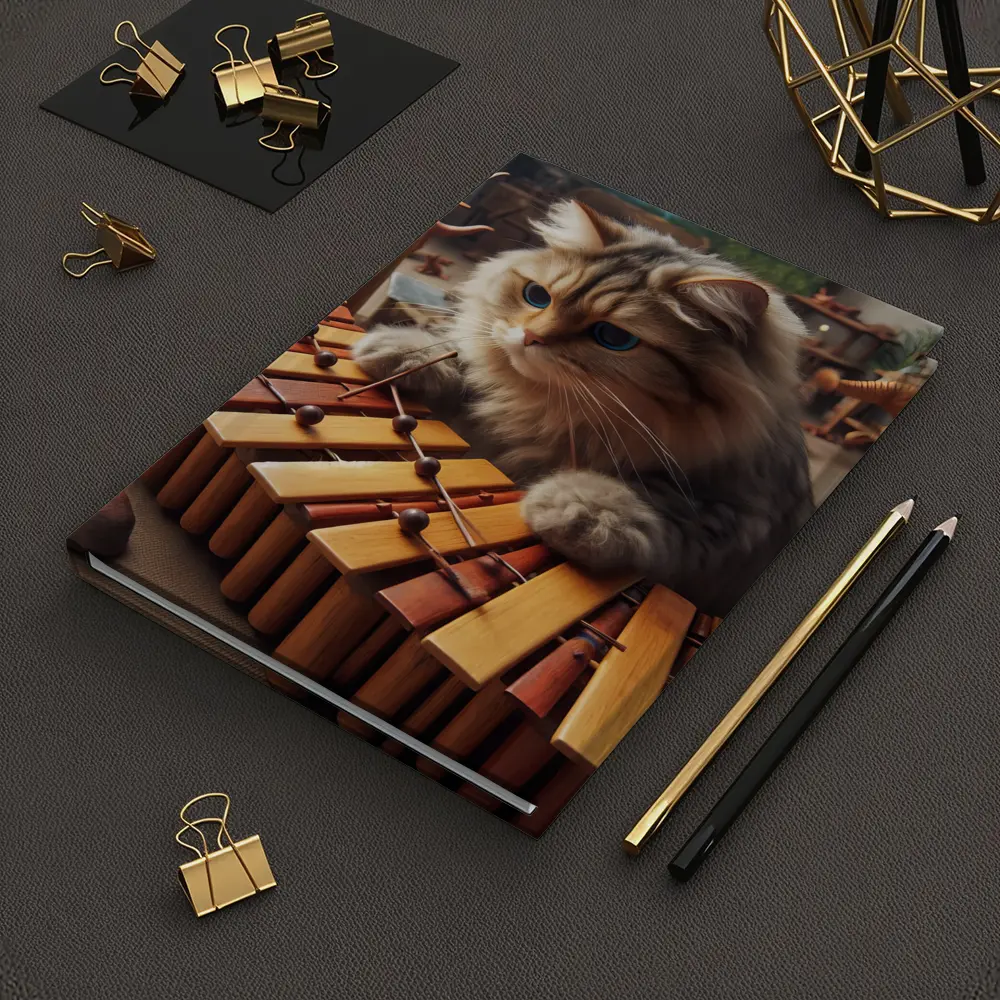 Fluffy Cat Playing Marimba Wooden Toys Background – Notebooks