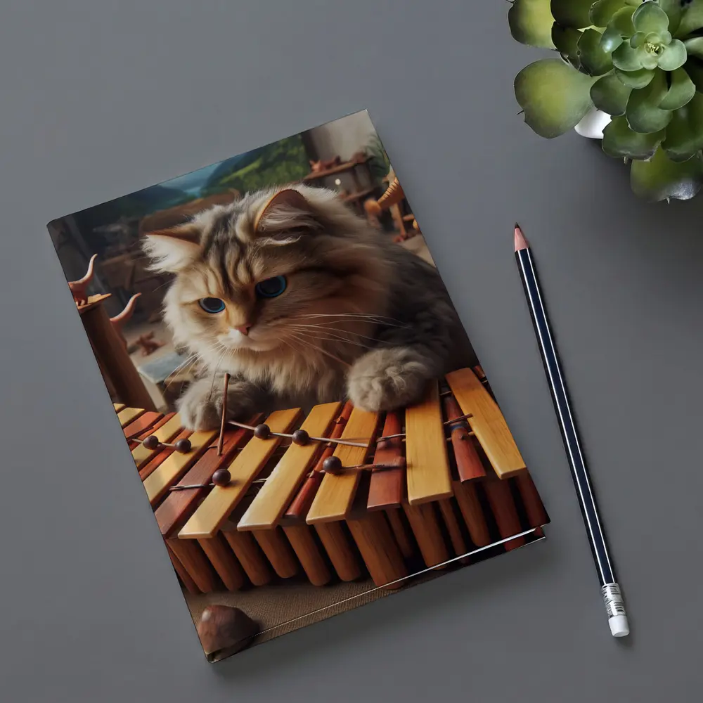 Fluffy Cat Playing Marimba Wooden Toys Background – Notebooks