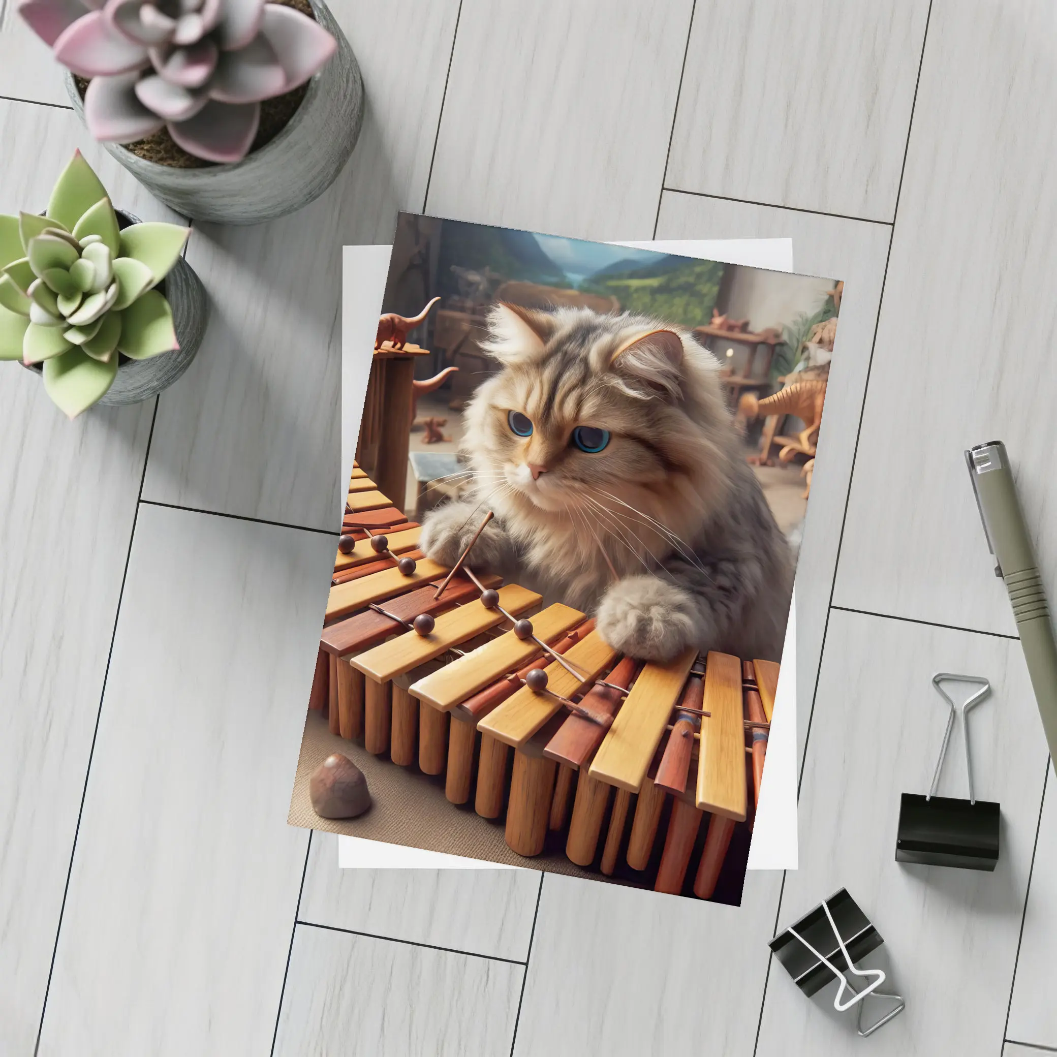Fluffy Cat Playing Marimba Wooden Toys Background – Postcards