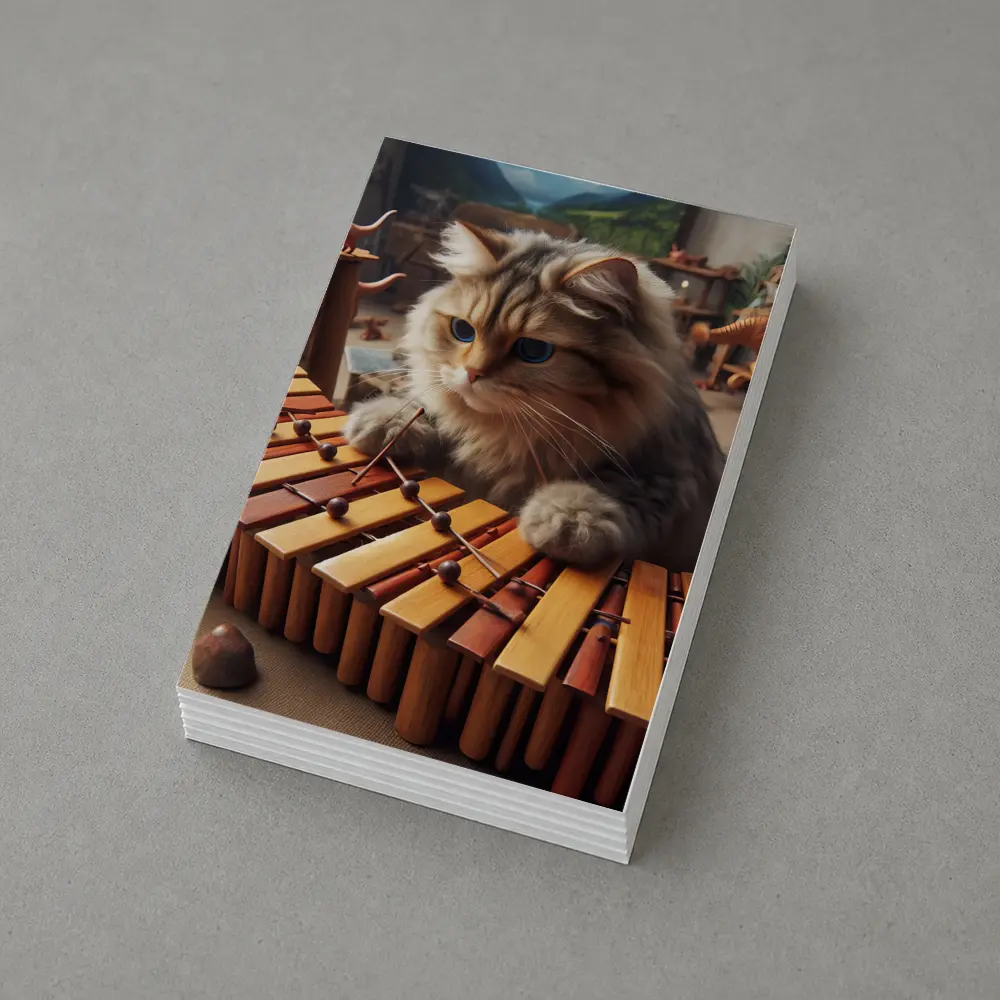 Fluffy Cat Playing Marimba Wooden Toys Background – Postcards