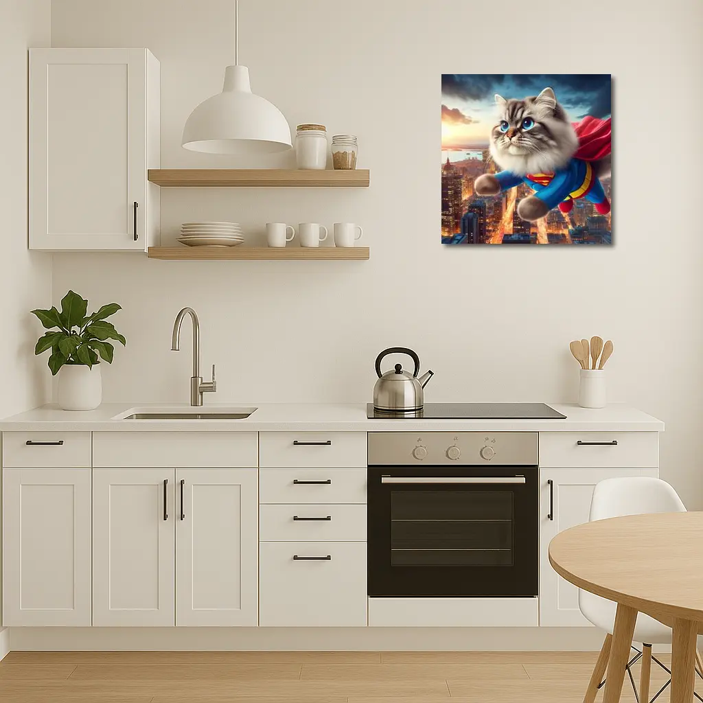 Birman Cat Superman Flying Over City – Wall Art