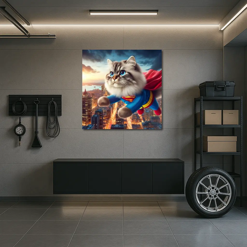Birman Cat Superman Flying Over City – Wall Art
