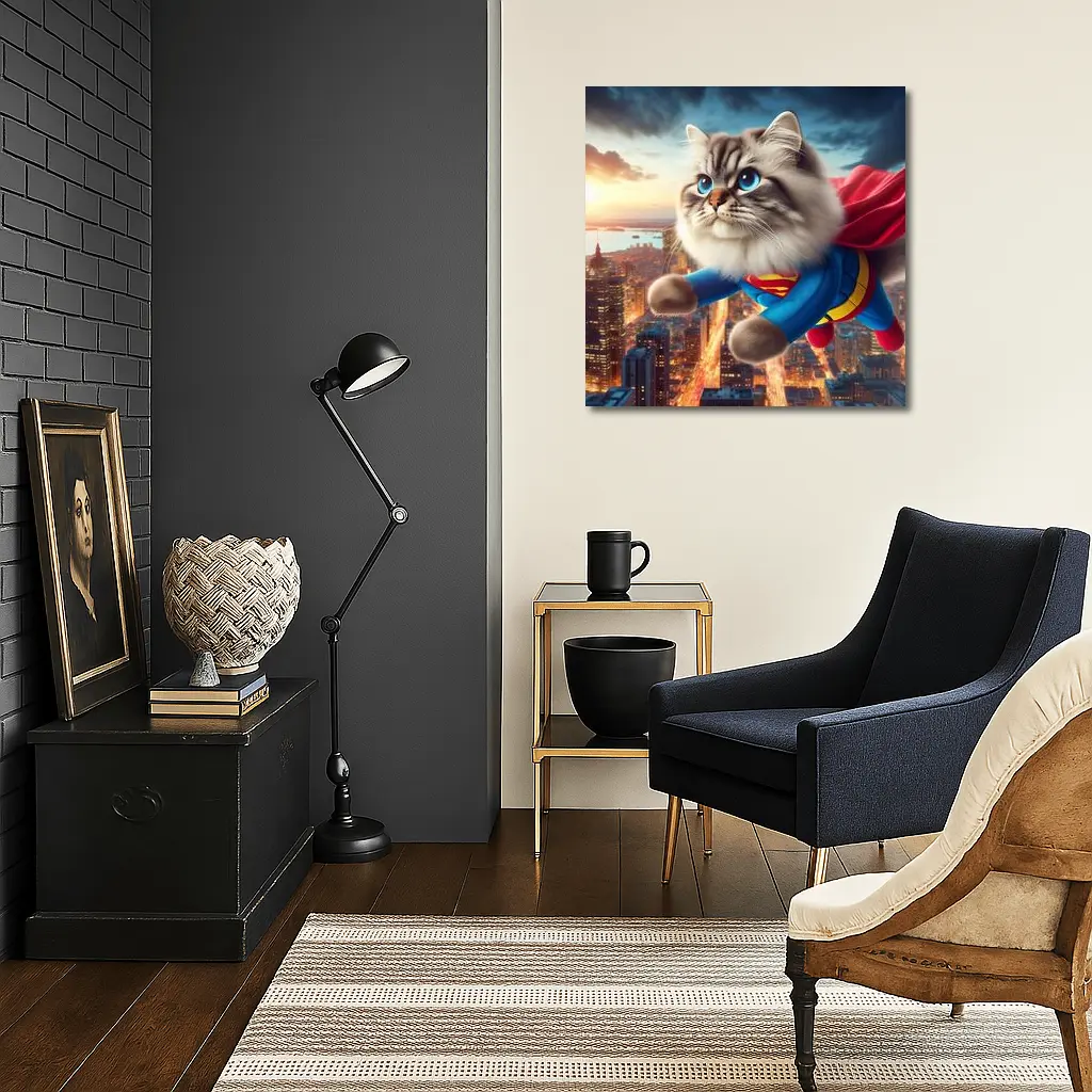 Birman Cat Superman Flying Over City – Wall Art